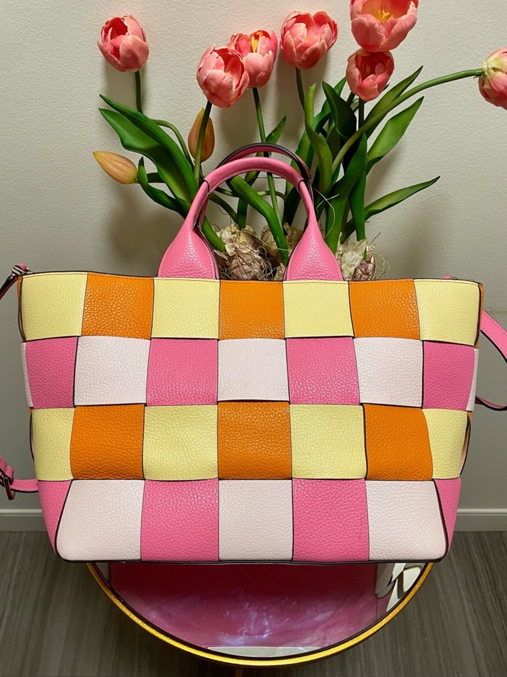 New Kate Spade 100% Genuine leather Pink ivory Woven convertible large Tote bag - Picture 9 of 17